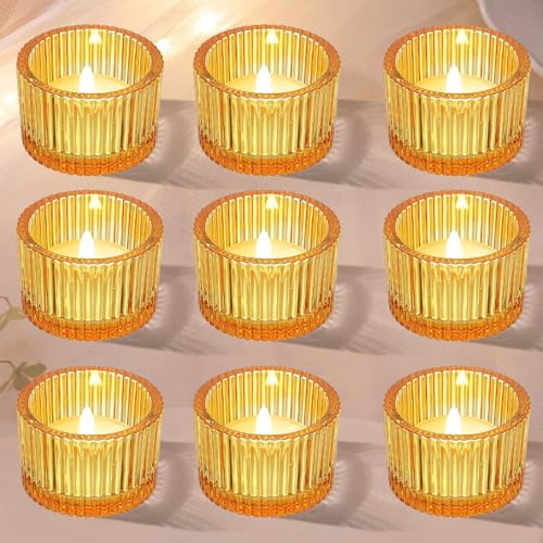 NEWJEK 9er SetTeelichthalter Glas Orangegelb, 5,2cm × 3,5cm Teelicht Gläser | Teelichtgläser Kerzenglas, Dickwandig Gerippt Vintage Teelichtglas für Hochzeit, Geburtstagsfeier, Weihnachten