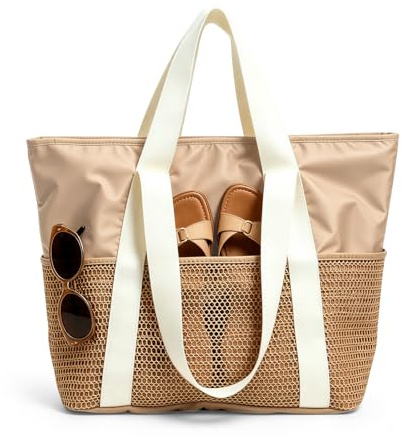 CHMMY Bolsa de playa para mujer, bolsa de playa con cremallera, bolsa de playa grande XXL, bolsa de transporte para familia, bolsa impermeable para piscina, bolsa de playa plegable, beige