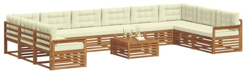 vidaXL Sofagarnituren 11 pcs Natur und Creme Massivholz Akazie, Garten-Sofa, Robustes Outdoor-Sofa für die Terrasse, lässige Lounge, bequemes Wohngefühl