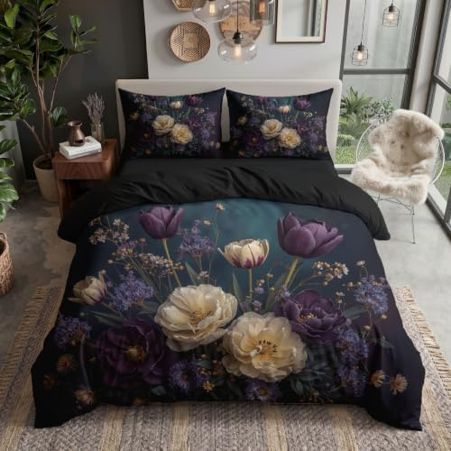 Bettwäsche Set 135x200cm 2 teilig - Eleganter Romantischer Brautstrauß Bettbezug Set Melancholische Blumen Wendebettwäsche Weich und Bügelfrei mit Reißverschluss und Kissenbezug 80x80 cm, Blau-Violett