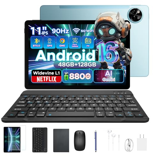 P11 Android 16 Tablet 11 Pulgadas, 48GB RAM + 128GB ROM/2TB TF, 90Hz, T7250 Octa-Core, 8800mAh, 13MP+5MP, Gemini AI, Widevine L1, Face ID, GPS, OTG, Doble altavoz, Tablet con Teclado y Lápiz, Azul