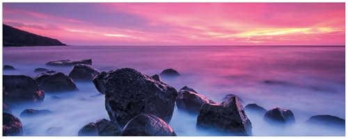 Wallario Memoboard aus Glas mit Motiv, Magnet-Tafel in 32 x 80 cm in Premium Qualität Felsen im Meer bei Sonnenuntergang