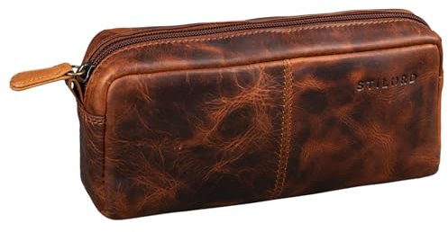 STILORD 'Spencer' Leder Federmappe Vintage mit Reißverschluss Kosmetiktasche Organizer Stiftemappe Schlamperrolle Schlampermäppchen Etui Echtes Leder, Farbe:Kara - Cognac
