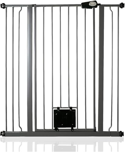 Bettacare Haustiergitter mit Verriegelbarer Katzenklappe, 94.3cm - 101.9cm, Schiefergrau, 104cm in der Höhe, Extra Hohes Haustier Sicherheitsgitter mit Katzenklappe, Einfache Installation