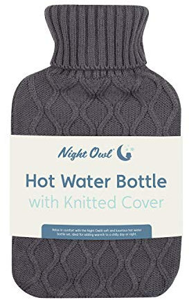 Night Owl 60829 Hot Water Bottle with Grey Knitted Cover / 32.5cm / 2 Litre Capacity/Provides Warmth and Pain Relief