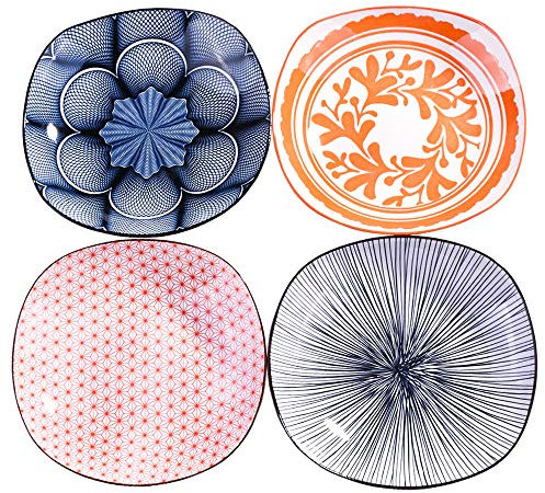 4-Pack Modern Square Plates Set - 8 Inch Ceramic Appetizer Dishes with 4 Unique Patterns, Dishwasher & Microwave Safe, Non-Slip Serving Trays for Dining, Party, or Home Decor