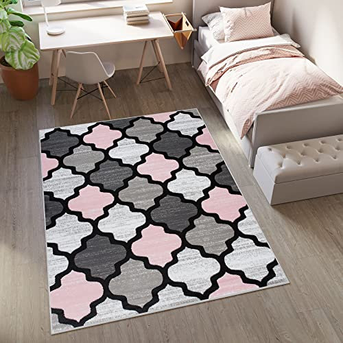 TAPISO Pinky Teppich Kurzflor Rosa Grau Creme Pink Modern Geometrisch Marokkanisch Meliert Design Kinderzimmer Wohnzimmer ÖKOTEX 80 x 150 cm