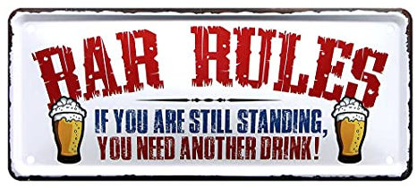 Bar Rules - Retro Deko Blechschild - Metallschild Dekoration Ausstattung für Biergarten Partyraum Partykeller Kellerbar Wohnung Man Cave Theke American Diner - Geschenk Männer Geburtstag - 28x12cm
