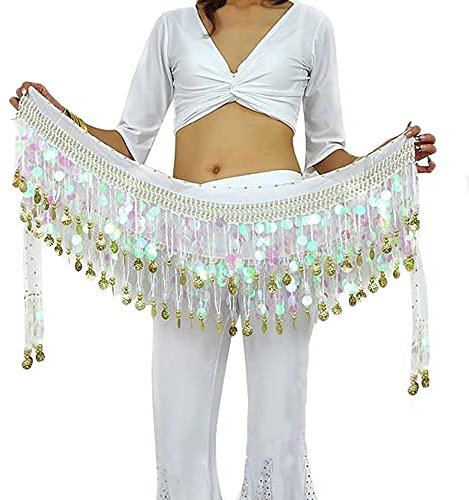 G-LIKE Bauchtanz Hüfttuch Taillenkette Gürtel – Professionelles Tanzkostüm Sexy Tanzkleid Rock Outfit Zubehör mit 88 Münzen Pailletten Hüftschal für Damen Mädchen Doppellagig – 160 cm (Weiß)