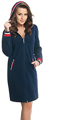 DOROTA kuscheliger und moderner Damen Bademantel, mit Reißverschluss, Taschen & Kapuze, made in EU, dunkelblau-rot, Gr. XL
