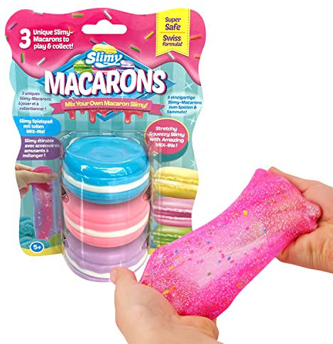 SLIMY Macarons 3 x 50g in Blau, Rosa & Lila - Original Slime Set mit verschiedenen Spielmassen, Glitzer und Streusel zum Einkneten, Spielspaß für Kinder, elastische Spielknete (Spielzeug ab 3 Jahre)