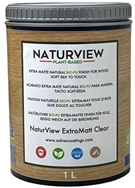 Vernice poliuretanica per legno NATURVIEW BIO per acqua - interni, morbida seta al tatto (Ultra Opaco, 1L)