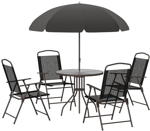 Outsunny Ensemble Salon de Jardin 6 pcs - Table Ronde + 4 chaises Pliables + Parasol - Acier époxy café textilène Polyester Noir