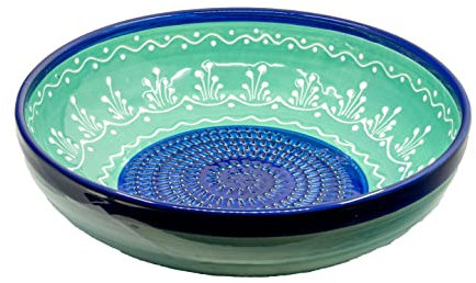 Kaladia - Reibeschüssel/Keramikhobel - ideal zum Gewürze reiben und Servieren von Gerichten - Motiv: Türkis/Blau - Durchmesser: 27 cm - handgemacht & handbemalt - Made in Spain