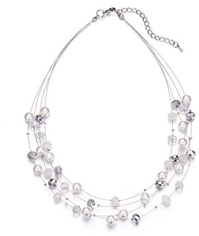 Bulinlin Damen Silber Perlenkette mit Kristall Statement Mehrreihige Boho Choker Halskette Modeschmuck Geburtstagsgeschenke für Frauen(15-White)