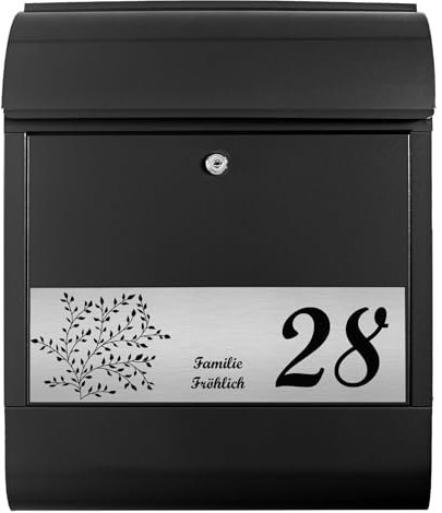 banjado® Briefkasten personalisiert mit graviertem Namensschild in Silber/Briefkasten schwarz 39x47x14cm / Briefkasten mit Hausnummer, Namen & Motiv Dezente Ranke/Briefkasten mit Zeitungsfach