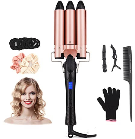 Lockenstab 3 Fässer Welleneisen für Große Welle Haare 25mm Beach Waves Lockenstab Große locken für Lange/kurze Haare, Haar Styling Werkzeug Keramischer Lockenwickler (Gold)