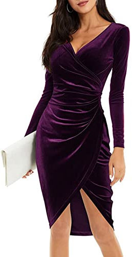 Muwodkdn Robe Velours Femme Hiver de Soirée Longue Moulante Col en V pour Fête Chic Sexy Cocktail Violet L