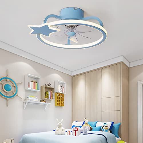 JDALX Ventilatore Da Soffitto Con Luce E Telecomando LED Dimmerabile Lampadario Con Ventilatore DC Reversibile 6 Velocità Timer Bellissima Plafoniera Con Ventilatore Per Cameretta Bambini -Blue||S