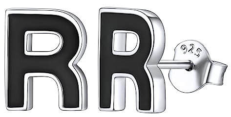 ChicSilver 925er Alphabet Ohrstecker R Punk Buchstabe Ohrringe Schwarz Epoxid Ohrschmuck mit Geschenkebox für Kinder und Jugendlichen