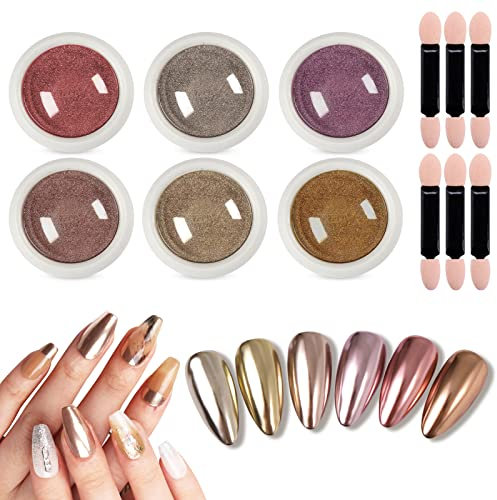 Chrome Nail Powder 6 Jars Rose Gold 6 Colours Mirror Effect Nail Powder Metallic Nail Art Pigment Powder Set Glitters Gifts for Women with Magic Effect for Nail Art Design Decoration