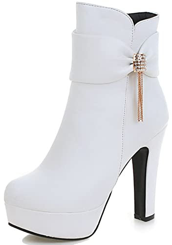 Lroey Reoly Stivaletti da Donna con Tacco a Blocco, Stivali da Vestito Eleganti Zip Stivali Corti Tacco Alto Punta Rotonda Bowknot con Plateau Polacchine 392 Bianco Numero 36 EU