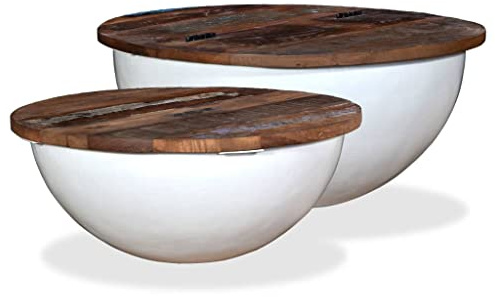 WIFESE Couchtisch-Set 2tlg. Altholz Massiv Weiß Schüsselform Beistelltisch Wohnzimmertisch Rund Holz Coffee Table Sofatisch 60x60x27 cm Industriestil