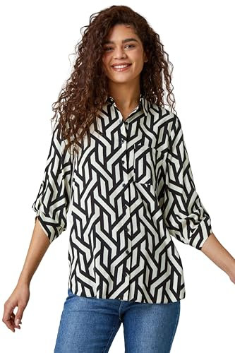 Roman Originals Shirt for Women Ladies Cotton Blouse Button Through Tunic Printed Top Work Long Sleeve Smart Casual Going Out Work Office V Neck Everyday Evening Event - Noir White - Size 10