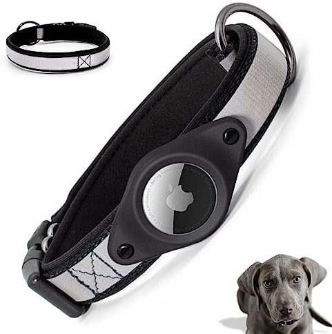 flixpet® - AirTag Hundehalsband (reflektierend, gepolstert & verstellbar) AirTag Halsband Hund mit Sicherheitsverschluss Hundehalsband für AirTag aus Nylon inklusive Schutzfolienset (schwarz) (XL)