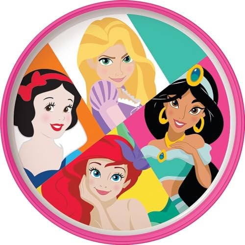 Assiette plate Disney blanche et rose pour fille en plastique Princesses Blanche-Neige Ariel Jasmin Rapunzel avec base antidérapante