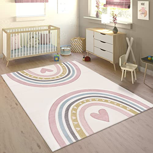 Paco Home Tapis Enfant Tapis Chambre Enfant Fille Garcon Arc-en-Ciel Coeur 3D Rose Crème, Dimension:80x150 cm