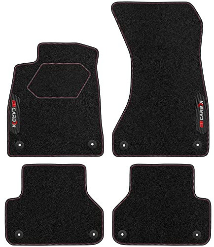 M MOTOS Personalisierte Velours-Fußmatten Carbon Series passend für Audi A4 B9 ab 2015 - Premium, Carbon, Rot Frischen Sie den Look Ihres Autos mit Velours-Fußmatten im hochmodernen Carbonfaser-Design