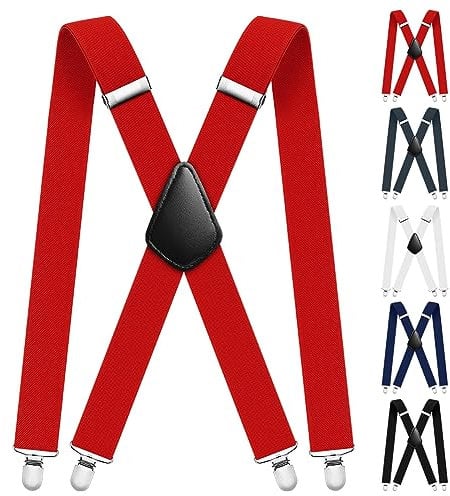 Aomig Hosenträger für Herren, Hosenträger Herren Extra Stark Breit 3,5 Cm mit Sehr Starken 4 Metall Clips, Einstellbar und Elastisch Einheitsgröße Hosenträger für Männer und Damen, X Style(Rot)