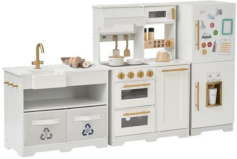 Teamson Kids Little Chef Atlanta Kinderküche in Weiß/Gold mit Zubehör, Elegante Holzspielküche für Kinder mit Herd und Backofen