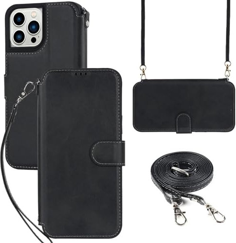 ELTEKER Hülle für iPhone 14 Pro Klapphülle,Handyhülle iPhone 14 Pro mit Umhängeband Lanyard und Kartenfach,Perfekt Schutz Case mit Ständer Handytasche Lederhülle,Schwarz