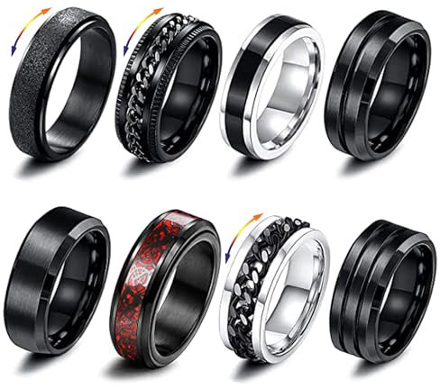 GoPaw Männer Edelstahl Spinner Ring, 8 Pcs Schwarz Fidget Band Ring Cool Twisted Chain Angst Ringe Männer Ringe Schwarz Spinner Rings Set für Männer Frauen (62(20.5))