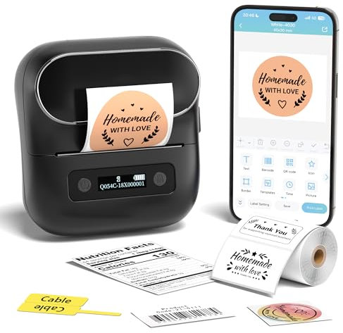 ItriAce M220 Bluetooth Etikettendrucker, Beschriftungsgerät Selbstklebend, Aufkleberdrucker für Bild, Barcode, Adresse, Mailing, Beschriftung, Home, Etikettiergerät für Phone, Android & PC, Schwarz
