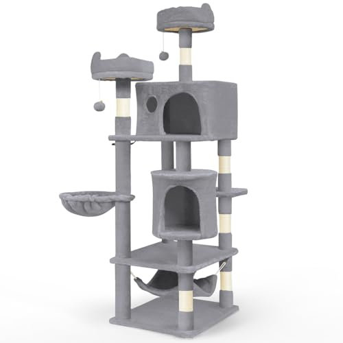 VOUNOT® Árbol Rascador para Gatos Grandes Altura 168 cm, Torre de Gatos Multiniveles, Rascador de Escalada Estable para Gatos Adultos Mascotas con Postes de Sisal Plataformas Cuevas Cesta Hamaca, Gris