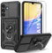 Guisessy Coque Compatible avec Samsung Galaxy A15 4G/5G avec 2 Verre Trempé, Lentille Coulissante Couverture, Support 360° Rotatif Militaire PC Dur Renforcée Armor Antichoc Bumper Housse Etui - Noir