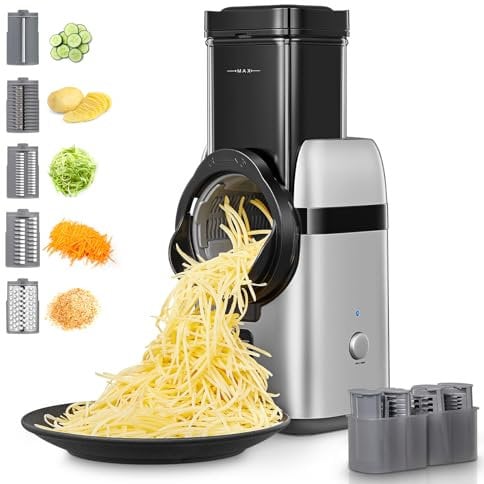FOHERE 5 in 1 Electric Cheese Grater, Large Feed Chute Electric Grater Vegetable Shredder with Multi Replaceable Blades and Storage Box,Cheese Slicer for Whole Potatoes, Cheese and Nuts