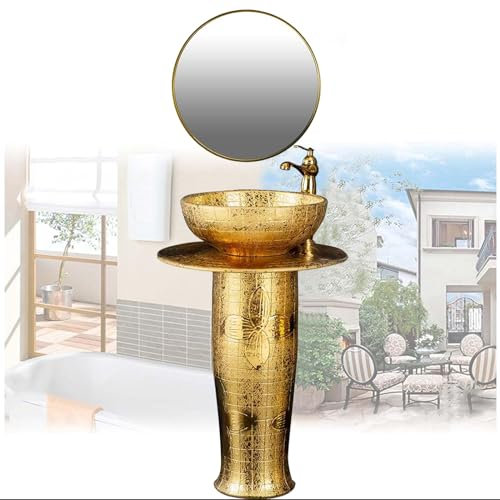 ZTGL Lavabo sur Pied Doré Vasque Colonne en Céramique de Haute Qualité Lave Mains pour Salle de Bain, Moderne Art Lavabo avec Robinet et Ensemble de Drainage,with Mirror