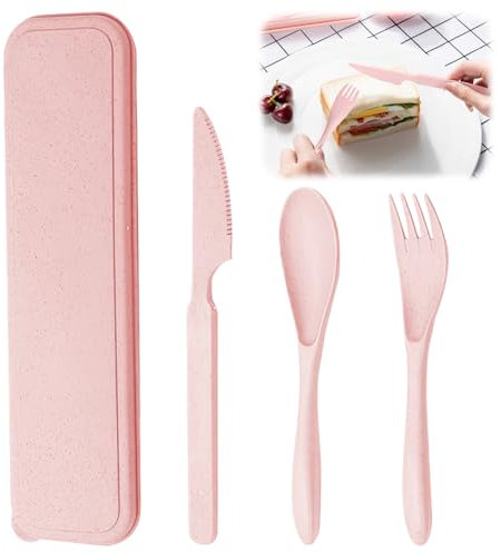 Travel Cutlery Set with Case, Portable Reusable Plastic Cutlery Small Travel Fork Knife Spoon Flatware BPA Free Tableware Set for Camping Picnic School Office Lunch Daily Use (Pink)