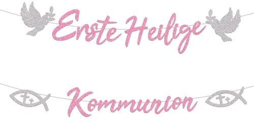 Erste Heilige Kommunion Girlande, Konfirmation Deko Flagge, Taufe Deko Banner, Hängedeko Banner Konfirmation für Erstekommunion Deko, Taufe Party Dekoration (Rosa)