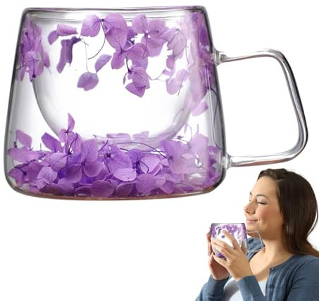 Vaso de Doble Pared Con Flores Secas de 200 ml | Taza de Café de Vidrio Aislado Con Asa | Taza Creativa Con Aislamiento