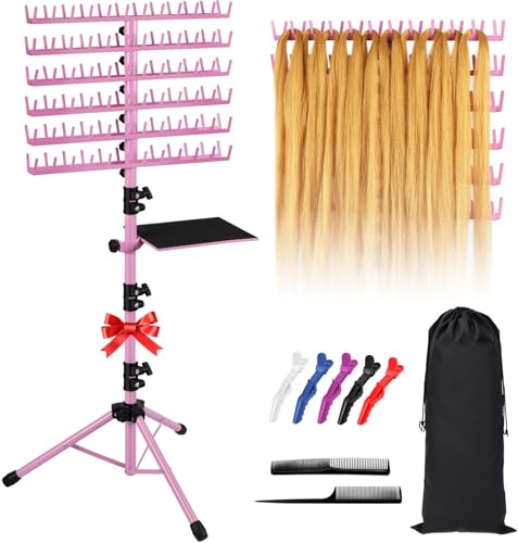 Klvied Braiding Hair Rack Standing 144 Pegs, Heavy Duty Hair Racks for Braiders Standing, Hair Divider Rack for Braiding Hair Separator, Braiding Rack with Carrying Bag and Hair Braiding Tools, Pink