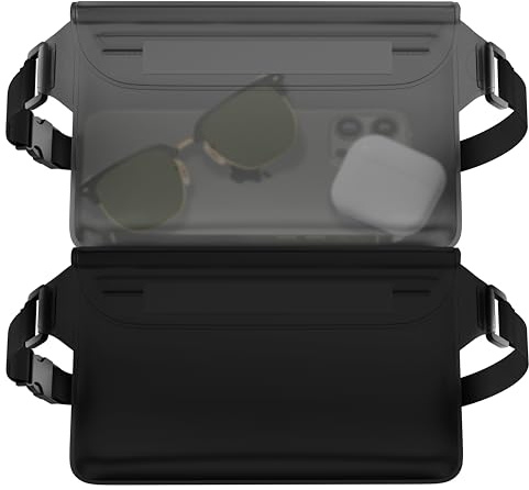 MyGadget 2X wasserdichte Taschen [ 22 x 15.5 cm ] - IPx8 Waterproof - Bauchtasche mit dreifach verschließbaren Verschluss & verstellbaren Gurt in Schwarz/Grau