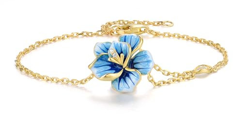 Santuzza 925 Sterling Silver Orchid Bracelet White Cubic Zirconia Enamel Blue Flower Bracelet for Women