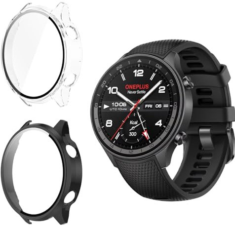 Funrae Funda Compatible con OnePlus Watch 2R/ Watch 2, Carcasa Protector Duro PC Marco con Cristal Templado Protector de Pantalla Anti-Choque Parachoques Anti-Arañazos Case Cover - Transparente&Negro