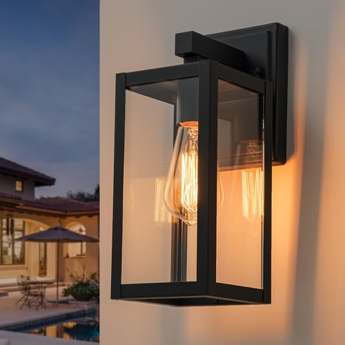 FTL Wandleuchte Aussen Laterne E27-Fassung,Aussenlampe Wand mit Glasschirmen,Max 60W,Moderne Wandlampe Aussen,IP44 Wasserdichte Außenwandleuchte Ausenbeleutung für Terrasse,Veranda,Garten,Mattschwarz
