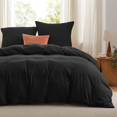 BEDSURE Bettwäsche 155x220 3teilig Bettwäsche-Set - Weiche Baumwollähnlich 1 Bettbezug 155x220 cm und 2 Kissenbezüge 80x80 cm,ÖKO-TEX Vorgewaschene Deckenbezug Bedding, Schwarz mit Reißverschluss